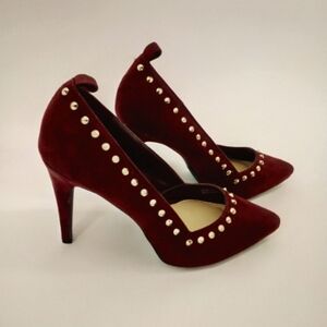 Faux Suede Vegan Maroon and Gold Studded Heels 8 Forever 21